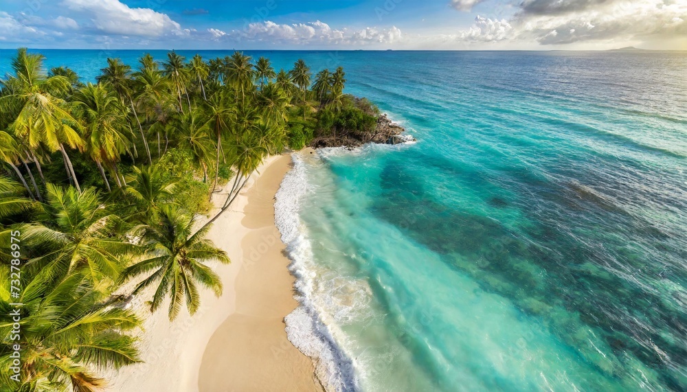 aerial top view on sand beach tropical beach with white sand turquoise sea palm trees under sunlight drone view luxury travel destination scenic vacation landscape amazing nature paradise island
