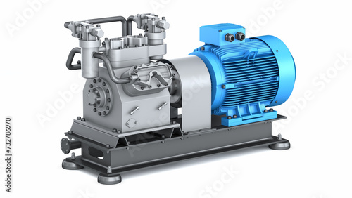 Industrial high pressure compressor with powerful motor and pipes. Gas pumping equipment on a white background. 3d illustration photo