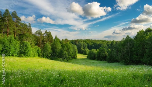 landscape photography of summer green forest and meadow with grass