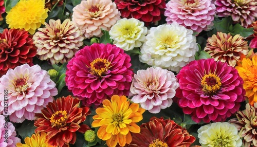 beautiful colorful zinnia and dahlia flowers in full bloom close up natural summery texture for background