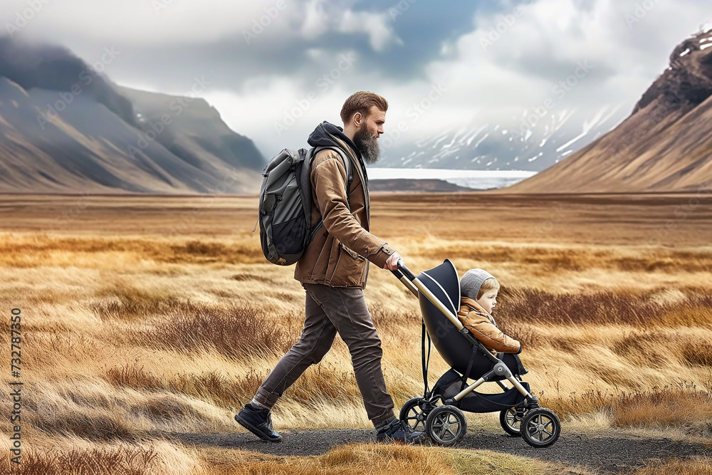 A Man Walking With a Baby in a Stroller