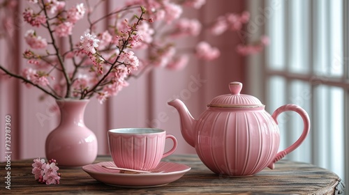 A charming pink tea set arranged on a small table, ready for imaginary tea pa...