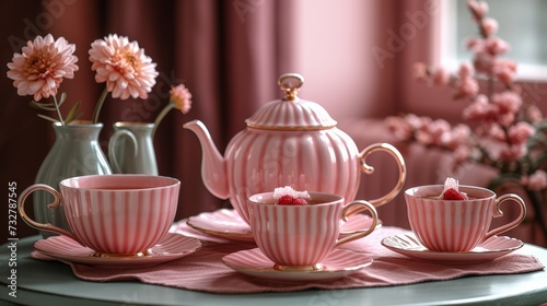 A charming pink tea set arranged on a small table, ready for imaginary tea pa...