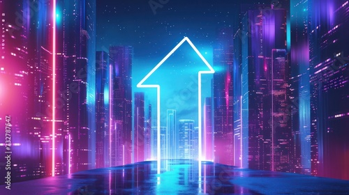 In the metaverse  a bright upward arrow forms on a door against a backdrop of a smart city