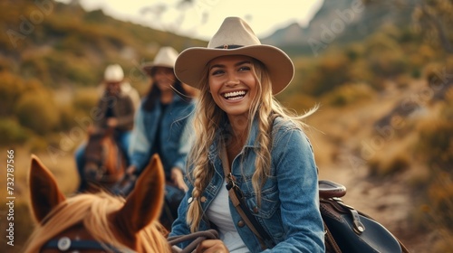 A group of friends laughing joyfully as they ride their horses along a scenic...