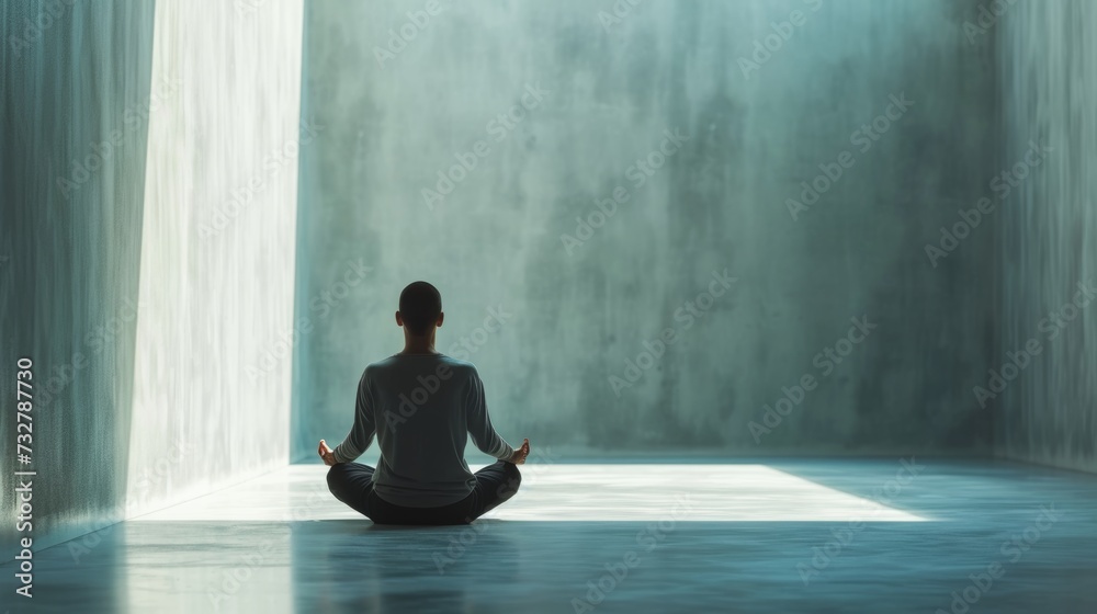 A calm and still person meditating in a minimalist interior A calm and still person meditating in a minimalist interior