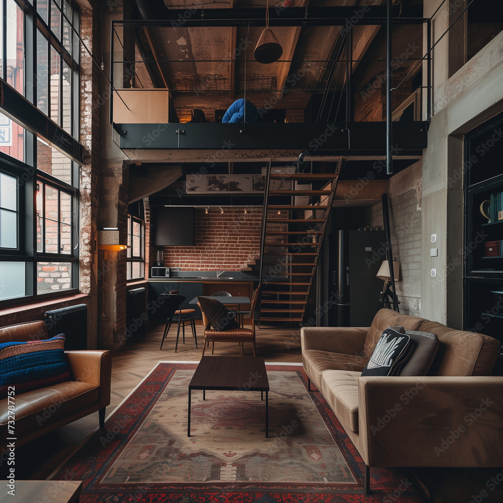 Modern Loft Apartment Interior with Spacious Design - obrazy, fototapety, plakaty 