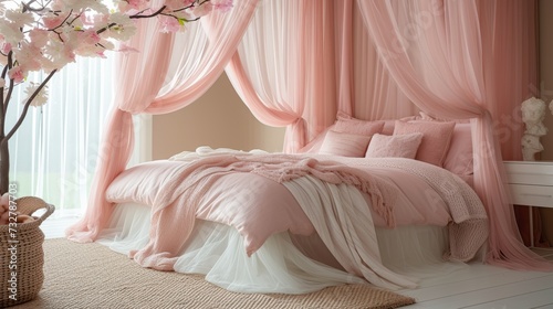 A canopy bed draped with blush pink curtains, inviting cozy bedtime stories a...