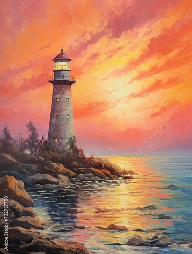 Vintage Lighthouse Art: Coastal Sunset Painting - Stunning Print
