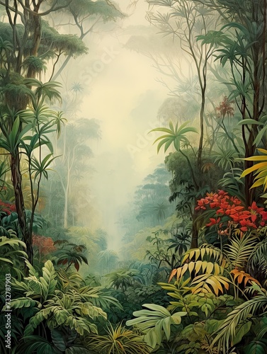 Vintage Jungle Canopy  Misty Rainforest Print - Tropical Nature Art