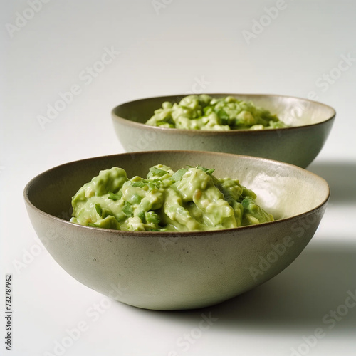 Two Bowls of Guacamole on a White Table