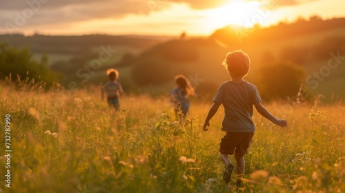 A family picnic, with children playing tag in a field, the joy of simple plea...