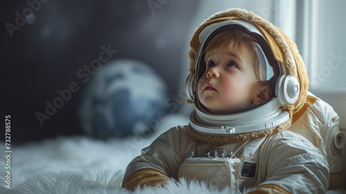 A little one dressed as an astronaut, dreaming big dreams of space and beyond