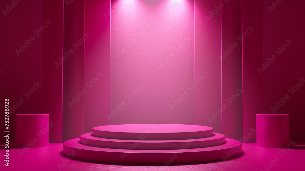 A sleek, minimalist stage with a spacious purple platform lit by studio lights. It exudes elegance and sophistication.