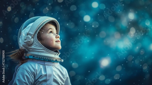 Fototapeta Naklejka Na Ścianę i Meble -  A little one dressed as an astronaut, dreaming big dreams of space and beyond