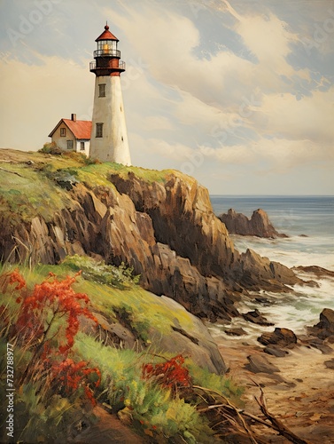 Vintage Lighthouse Painting: Rolling Hills Art & Scenic Prints