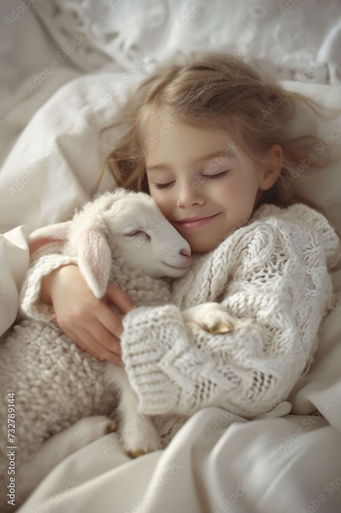 The child, adorned in a delicate white knit, peacefully sleeps while cuddling a soft baby lamb, depicting tranquility and pure contentment.