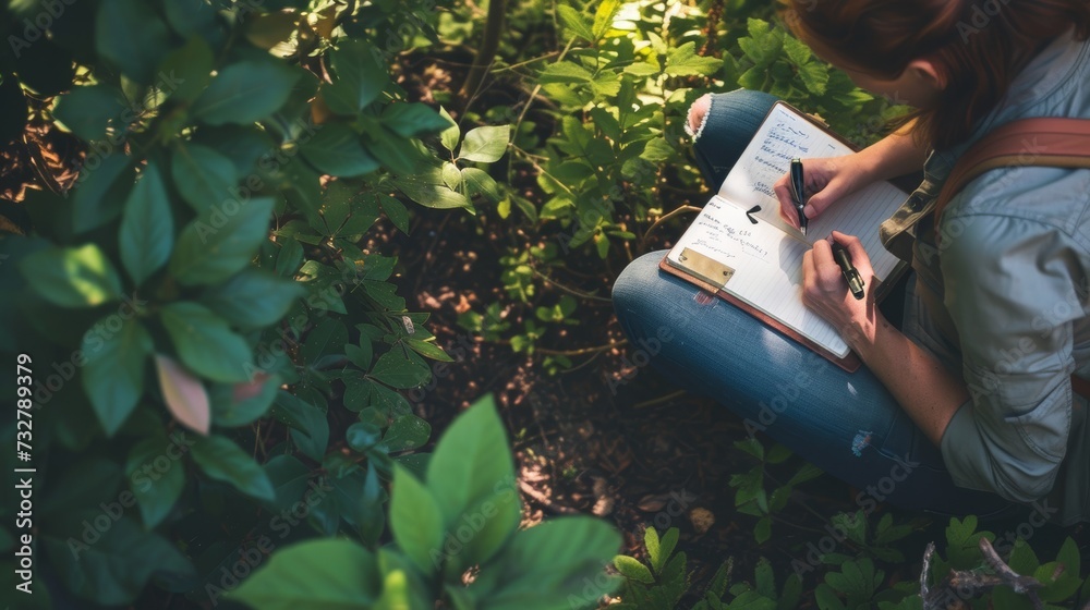 A candid image of a person journaling outdoors, embracing nature as a backdrop for reflection and growth - obrazy, fototapety, plakaty 