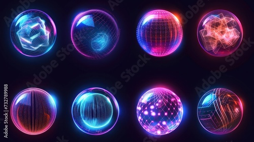 Abstract vector set featuring spherical shields representing energy protection. These spheres symbolize force field defense globes and dome barrier technology, providing a visual representation