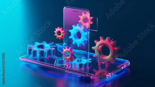 The 3D vector concept depicts a system update, featuring a glass morphism gear suitable for mobile app design photo