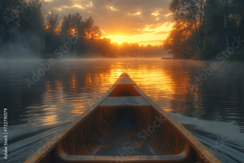 An image of a canoe gliding peacefully through a mist-covered lake at sunrise, capturing the tranquility and connection with nature during a morning paddle. Generative Ai.