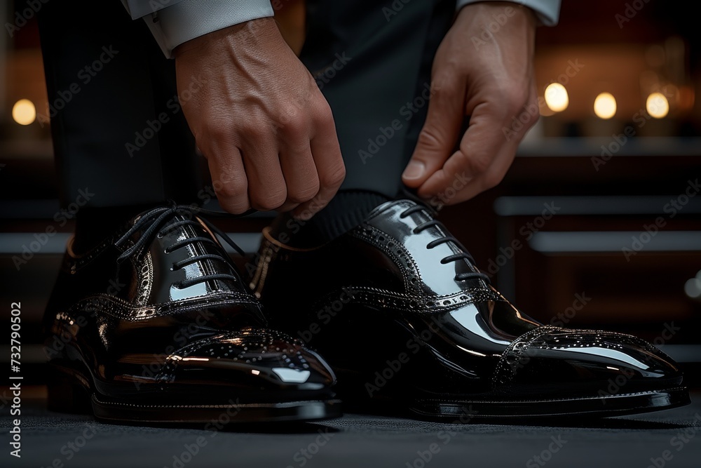 A dapper gentleman takes a moment to fasten his polished dress shoes, completing his sleek and sophisticated look before heading out for the day