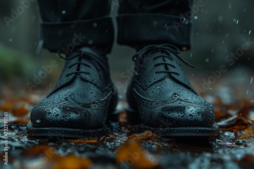 A person's black shoes brave the outdoor elements, splashing through puddles and rain with stylish ease