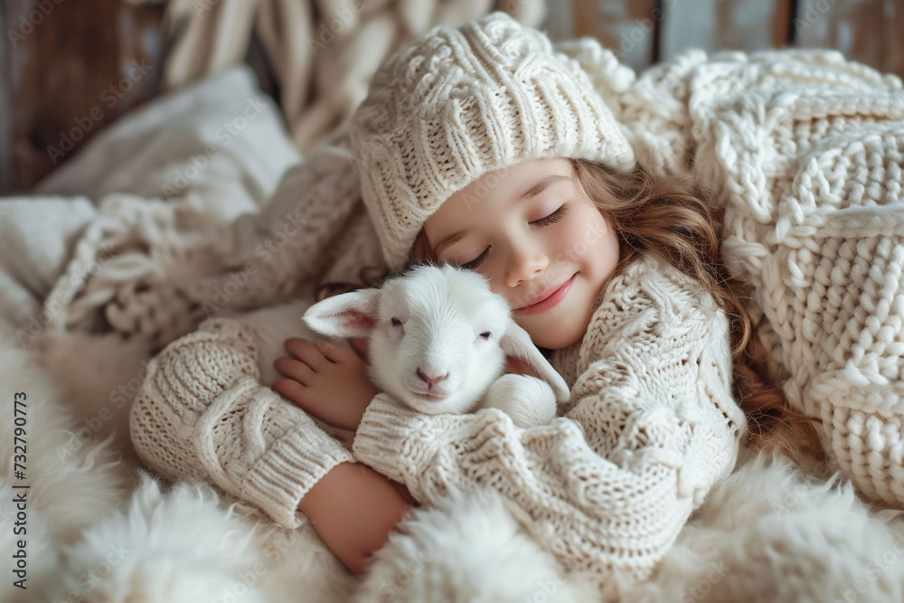 Wrapped in a chunky knit, the girl and her baby lamb share a sweet embrace, symbolizing comfort and a gentle companionship. Wrapped in a chunky knit, the girl and her baby lamb share a sweet embrace, symbolizing comfort and a gentle companionship.