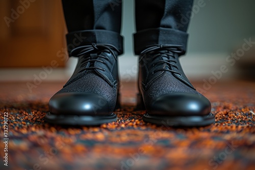 A stylish individual struts confidently indoors, their leather boots adding a touch of sophistication to their ensemble