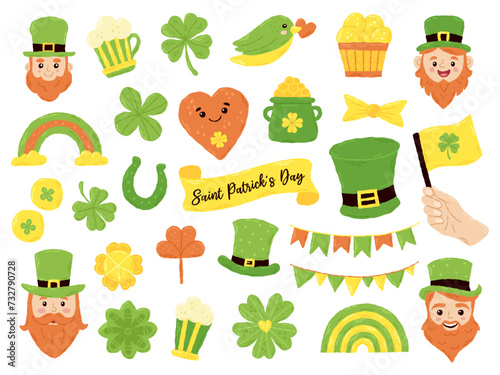 Festive set for St. Patrick's Day: clover, ireland, shamrock, beer, flag, leprechaun, gnome. Hand drawn flat cartoon elements. Vector illustration