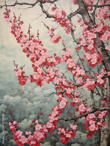 Vintage Cherry Blossom Cascade: Botanical Wall Art Print with Meadow-Inspired Beauty