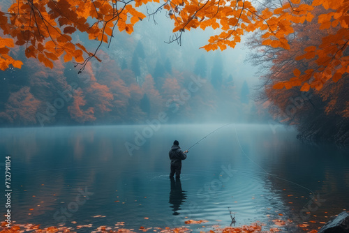 A shot of a fisherman casting a line into a tranquil lake surrounded by autumn foliage, capturing the peace and contemplation of fishing in natural settings. Generative Ai.