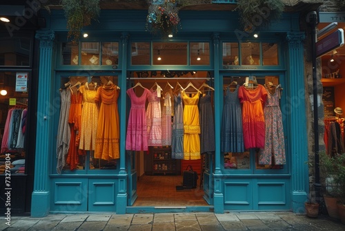 Amidst the bustling city street, a quaint dress shop stands with elegant gowns adorning its window display, inviting passersby to step inside and indulge in a world of fashion and beauty © familymedia