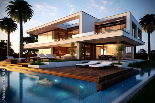 Beautiful elegant house modern design with swimming pool night view , ai generated  © graphic_circle