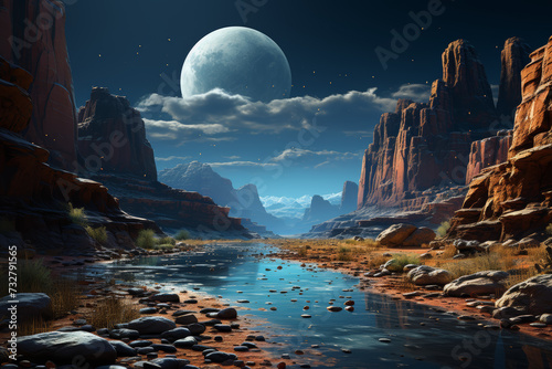 A photograph capturing a dream-like canyon bathed in soft, pastel hues, with towering cliffs taking on a magical glow under the gentle light of an otherworldly moon. Generative Ai.