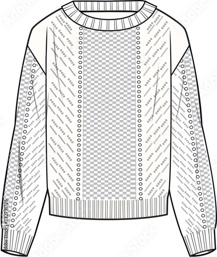 Women's Pointelle Jumper- Technical fashion illustration. Front, white color. Women's CAD mock-up.