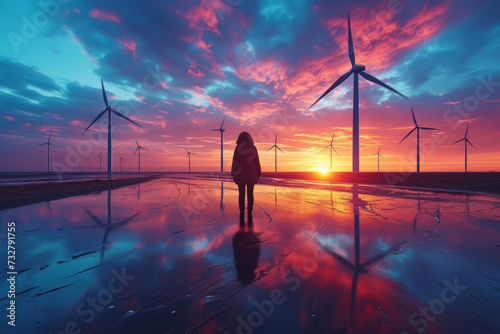 A mesmerizing visual of wind turbines silhouetted against a vibrant sunset, highlighting the beauty and efficiency of renewable energy sources. Concept of wind power aesthetics. Generative Ai.