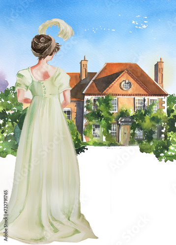 Watercolor woman in a vintage dress walks to a mansion illustration. Victorian girl at an old house painting. Elegant lady at a villa artwork isolated on white. photo