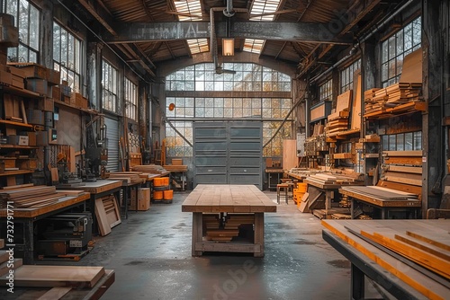 Inside a bustling factory, the wooden floor is strewn with tools and furniture, inviting exploration into the art of building and creating