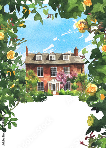 Watercolor hand drawn illustration of  landscape with house and copy space. Old house, cottage on an green lawn. Victorian mansion artwork.