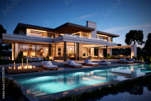 modern villa apartment with swimming pool view at night