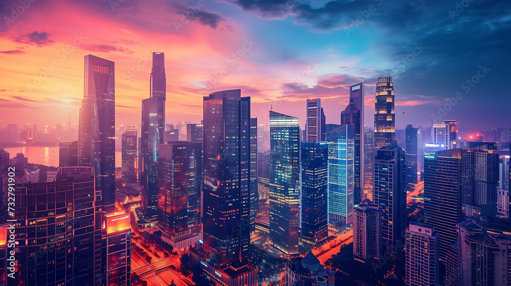 A futuristic city skyline at dusk, featuring sleek skyscrapers and glowing neon lights, evoking a sense of innovation and progress A futuristic city skyline at dusk, featuring sleek skyscrapers and glowing neon lights, evoking a sense of innovation and progress