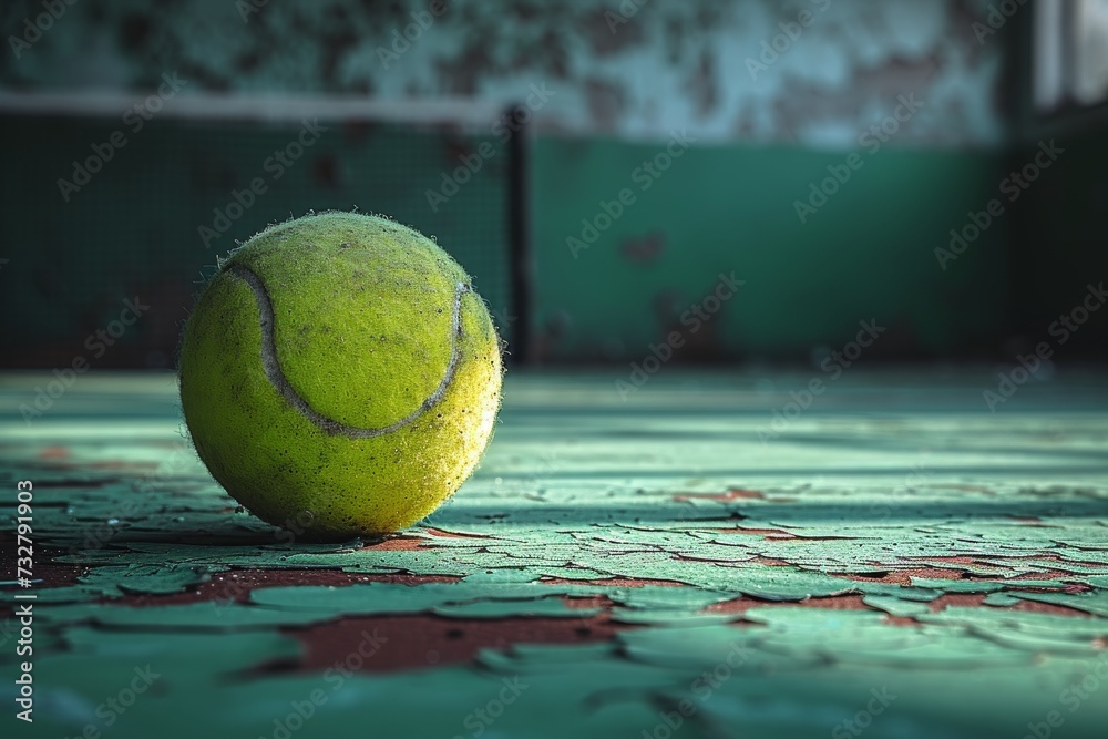A solitary tennis ball sits on a desolate and broken court, symbolizing the perseverance and resilience of the game amidst adversity