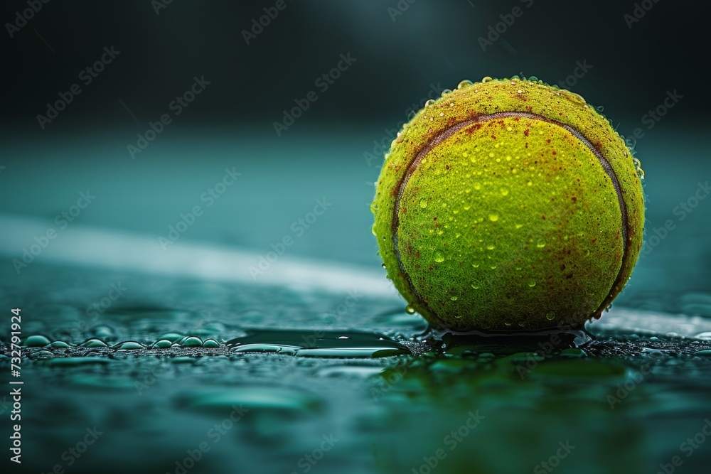 A vibrant yellow tennis ball rests atop a sleek surface, evoking feelings of competition and determination in the realm of sports equipment
