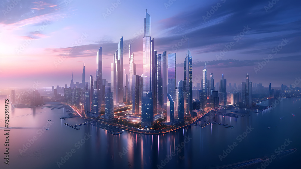 Fototapeta premium A futuristic city skyline at dusk, featuring sleek skyscrapers and glowing neon lights, evoking a sense of innovation and progress