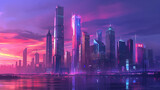A futuristic city skyline at dusk, featuring sleek skyscrapers and glowing neon lights, evoking a sense of innovation and progress 