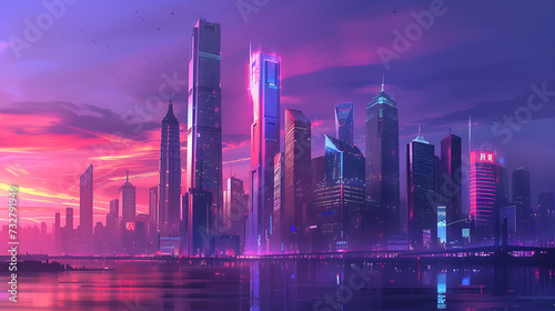 A futuristic city skyline at dusk  featuring sleek skyscrapers and glowing neon lights  evoking a sense of innovation and progress 