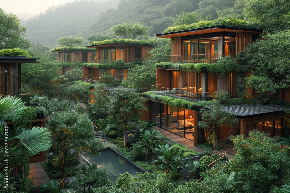 A bird's-eye view of a sustainable eco-village surrounded by lush greenery, emphasizing the potential for holistic, eco-conscious communities to thrive in harmony with nature. Generative Ai.