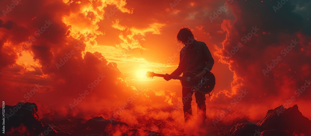 A lone guitarist serenades the fiery skies amidst a volcanic eruption, embodying the raw power and beauty of nature