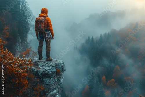 A solitary figure stands on a misty cliff, gazing out at the vibrant autumn trees that dot the mountain landscape © familymedia